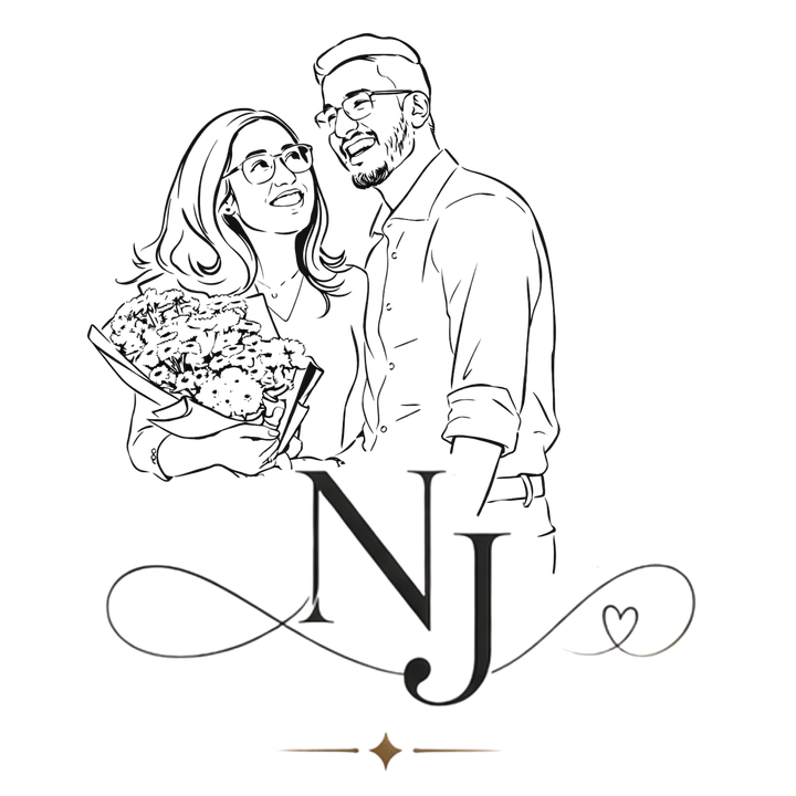 Illustration of Nigel and Joanna with their NJ monogram