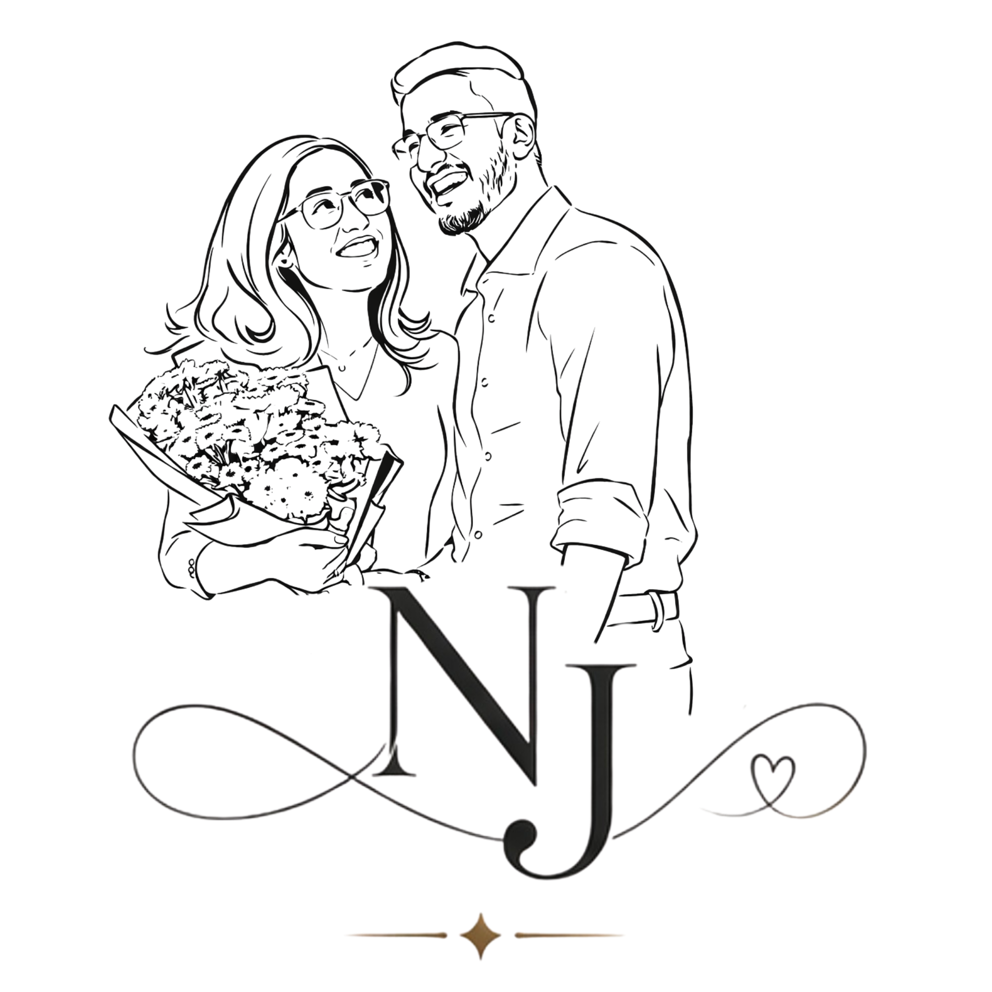 Illustration of Nigel and Joanna with their NJ monogram